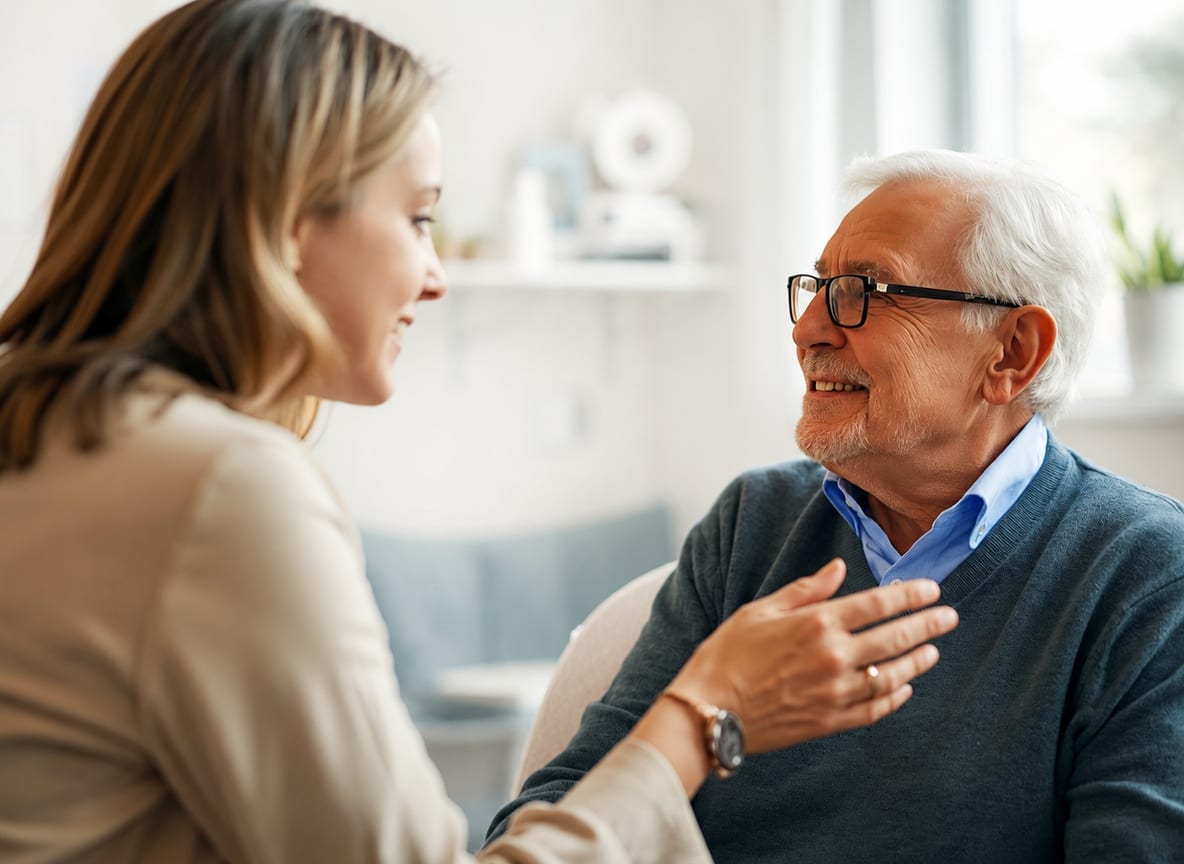 A clinician and an older patient in unhurried conversation in a calm, warmly lit exam room — full attention, no screens between them.