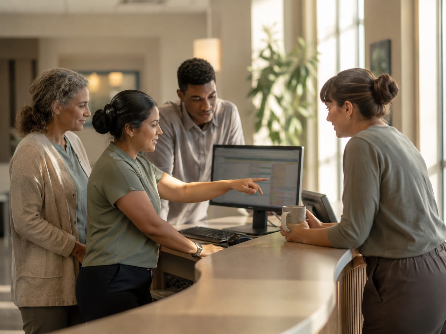 A clinic care team gathered around the front-desk schedule in morning light, working through the day together.