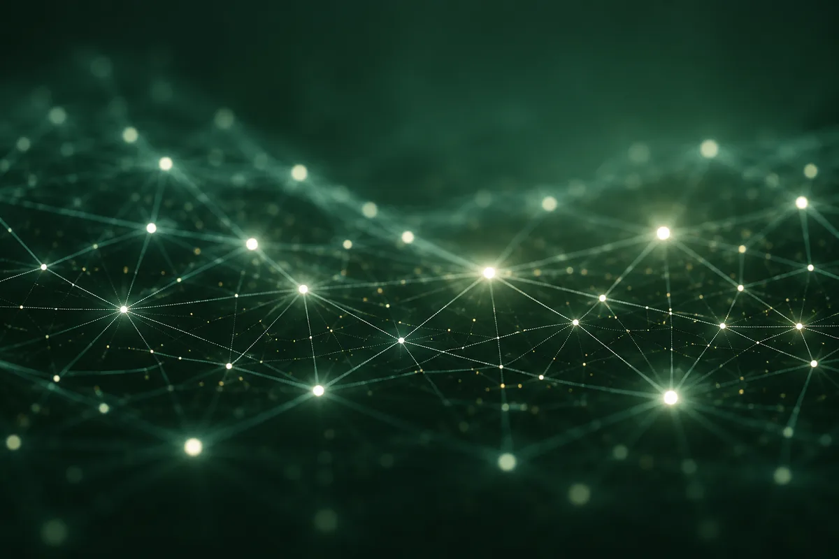 A dense green field of lit nodes, every one of them wired into the next — many moving parts, one network.