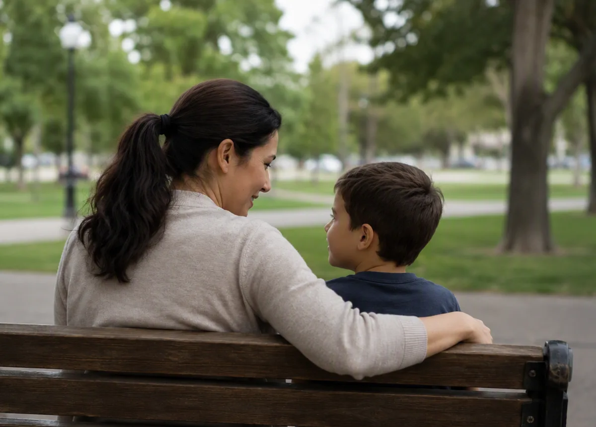 A woman and a young boy on a park bench, turned to each other mid-laugh — the hours the work gives back.