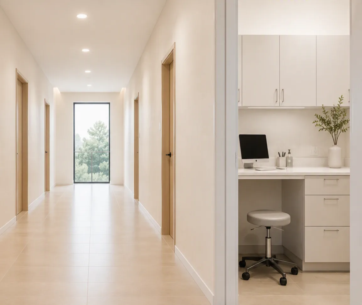 A bright, empty clinic corridor past an unoccupied charting nook — the day running with nobody chasing it.